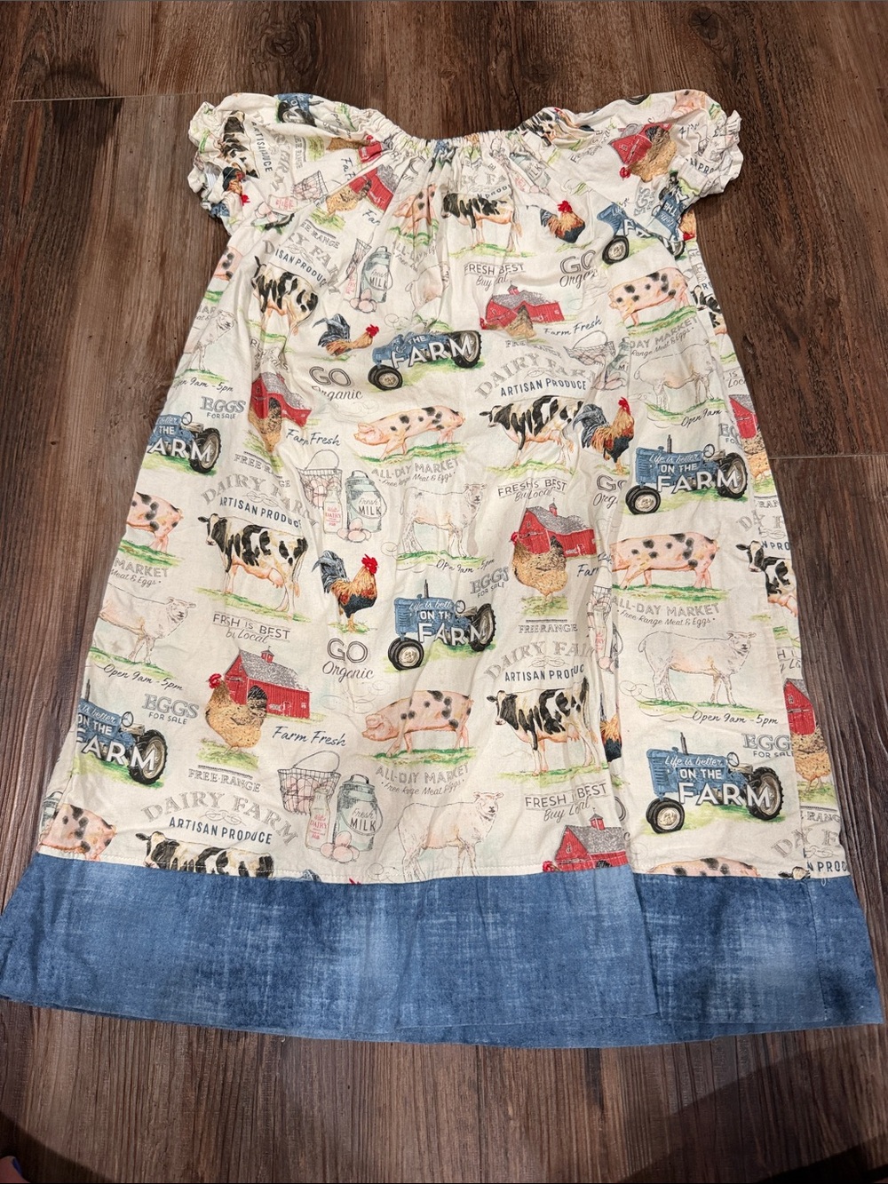 Girls' Farm-Print Off-Shoulder Dress with Denim Hem